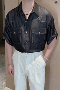 夏季新款垂感抗皱天丝牛仔短袖衬衫男宽松痞帅半袖衬衣CS871-P68图片