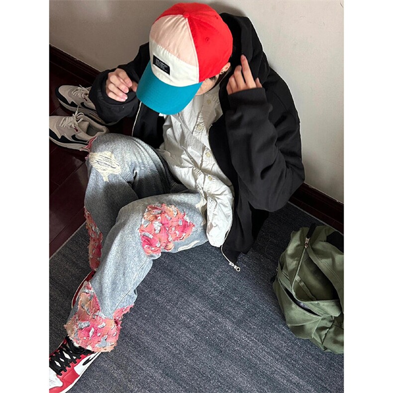 晚霞蕾丝拼接牛仔裤高级感设计感休闲直筒裤NZ03特P52,男装牛仔裤,星座908-1