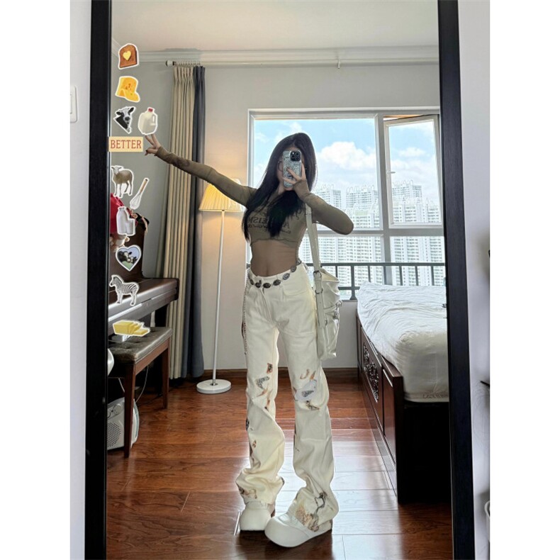 【有货】火焰蕾丝白色牛仔裤美式高街vibe微喇裤子B07LL-特P50,男装牛仔裤,星座1007（原301D）