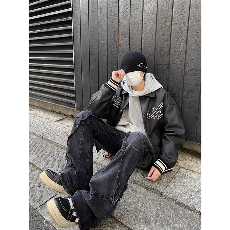 美式高街复古翻领PU皮刺绣飞行员夹克男女潮牌休闲春秋棒球服外套,男装夹克,星座506A