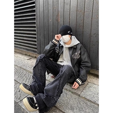 美式高街复古翻领PU皮刺绣飞行员夹克男女潮牌休闲春秋棒球服外套，男装夹克，星座506A