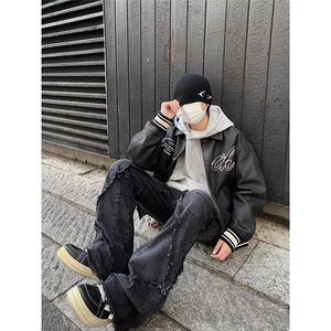 美式高街复古翻领PU皮刺绣飞行员夹克男女潮牌休闲春秋棒球服外套图片