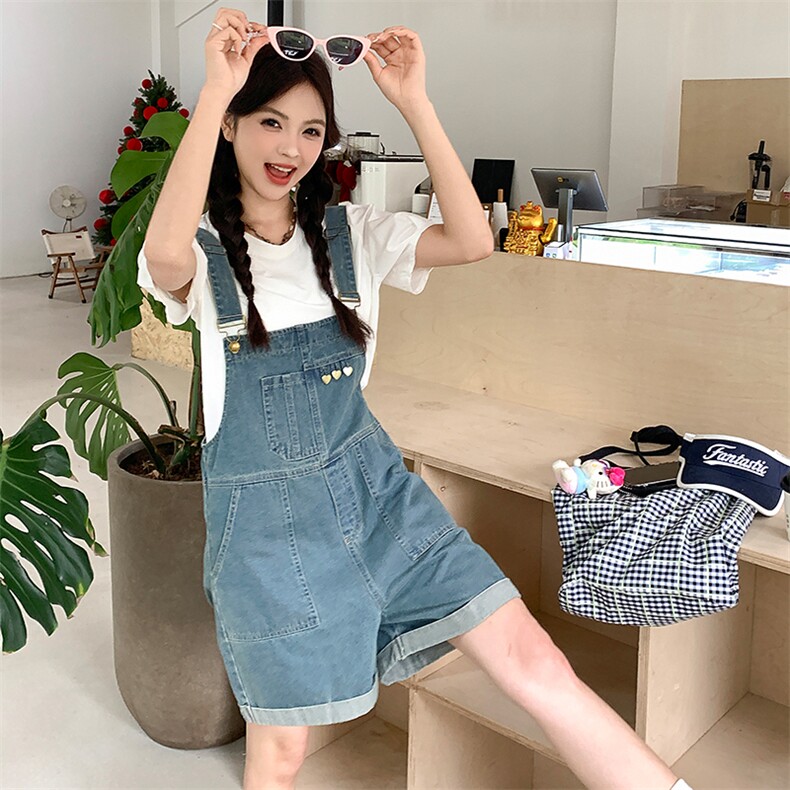 韩版俏皮减龄牛仔背带短裤套装女2025夏季新款显瘦休闲T恤两件套，女装套装/套裙，多米2-075