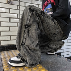水洗褶皱微喇牛仔裤中腰男女直筒阔腿裤ins显瘦设计感K7462-P50，男装牛仔裤，星座512-3