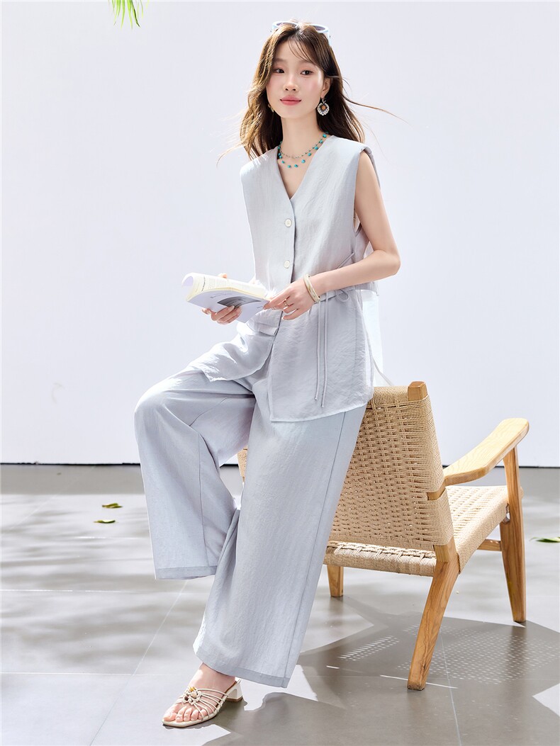 夏季新款现货！2026休闲风阔版拼接小垫肩上衣+松紧腰阔腿裤套装,女装套装/套裙,央宝儿