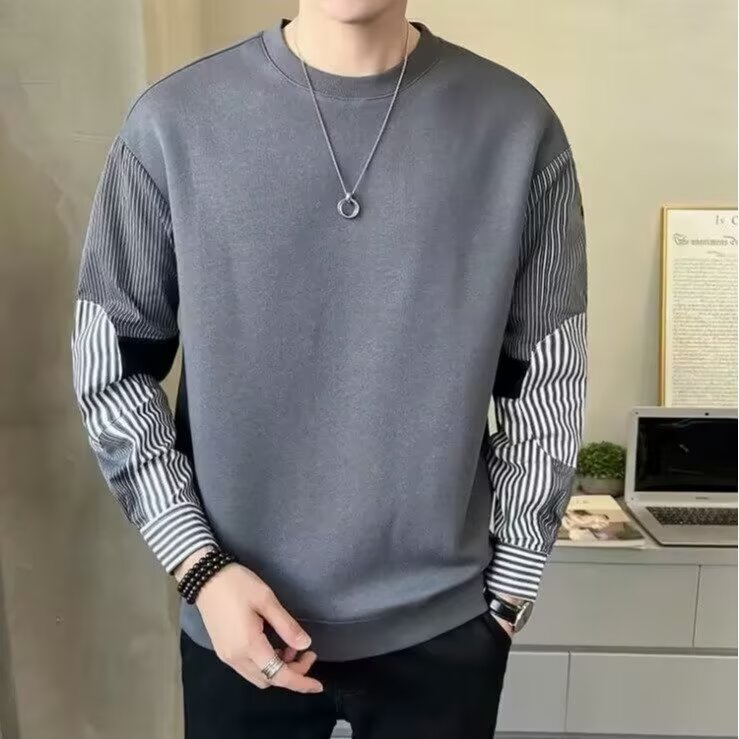 25港风拼接卫衣男春秋新款帅气圆领条纹衬衫袖上衣青年休闲打底衫,男装T恤,星座506A