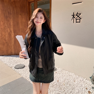 复古港风时尚休闲PU皮女2024年春秋新款大码宽松显瘦夹克外套上衣图片
