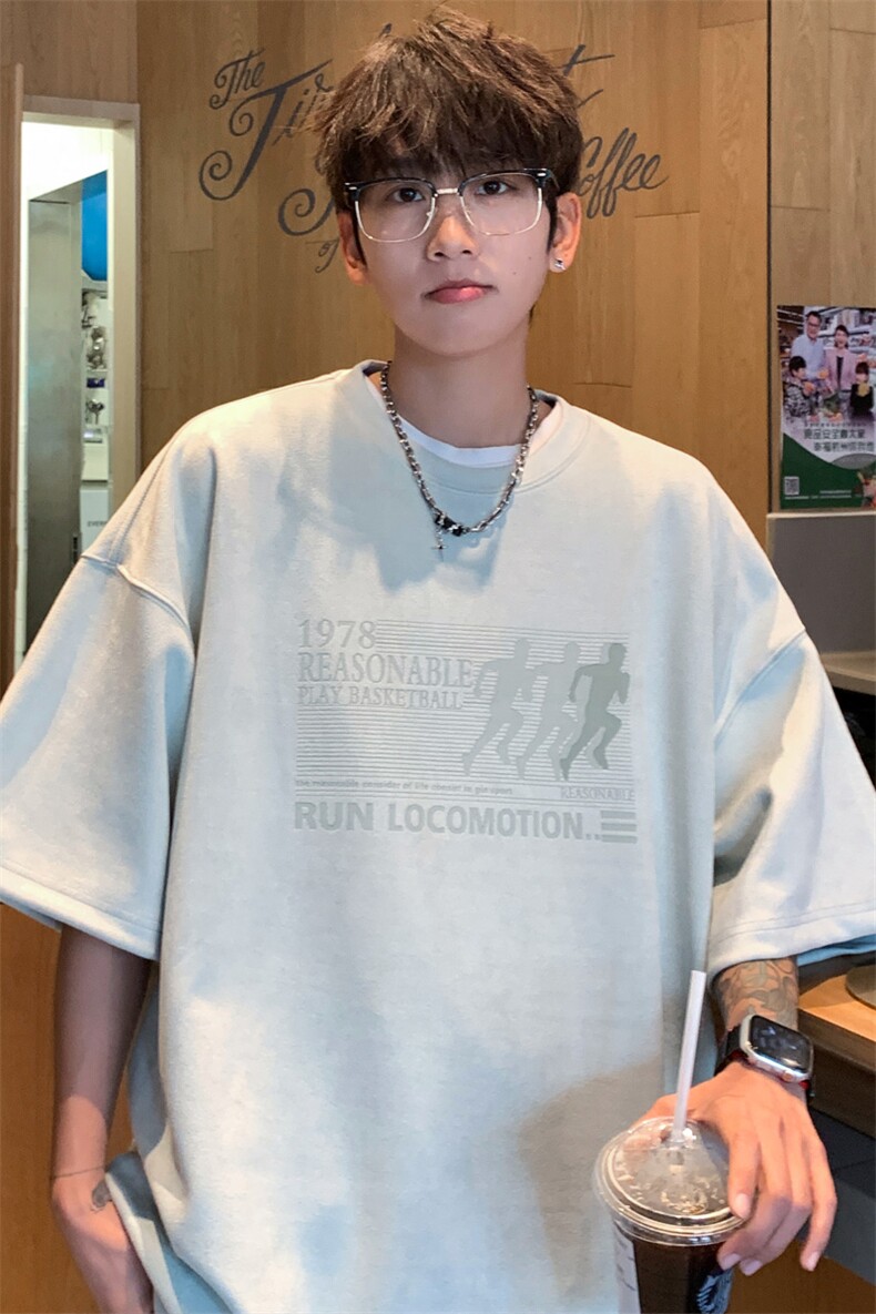 ！2025夏季新款男士烧花鹿皮绒短袖T恤半袖TL2409特P25控48,男装T恤,电商B220