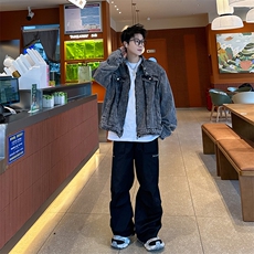 美式毛边设计感牛仔外套潮牌垫肩短款水洗夹克，男装夹克，星座410-7
