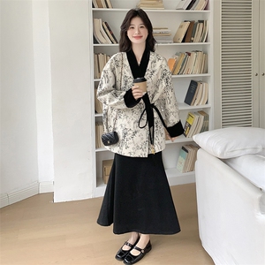 撞色新中式水墨印花外套女2025春秋季新款轻国风复古休闲显瘦上衣图片
