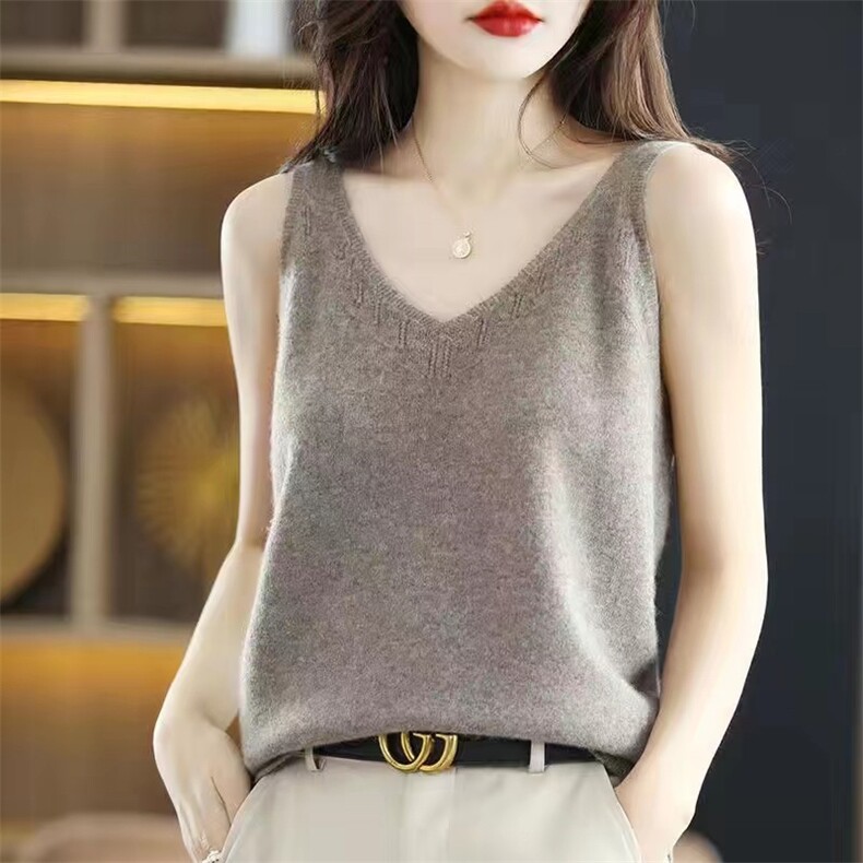 针织吊带背心设计感女内搭时尚显瘦夏宽松V领外穿打底衫无袖上衣,女装背心吊带,羿纯羊绒