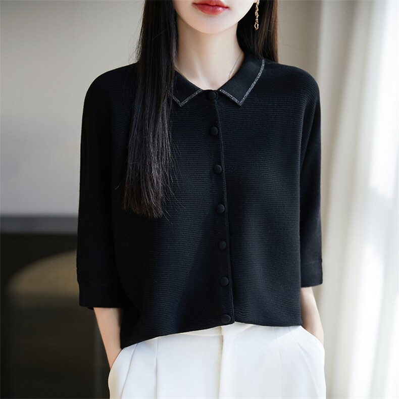 烫钻POLO领五分袖针织开衫女超好看气质半袖打底T恤薄款毛衫上衣,针织衫/毛衣,暖烁羊绒