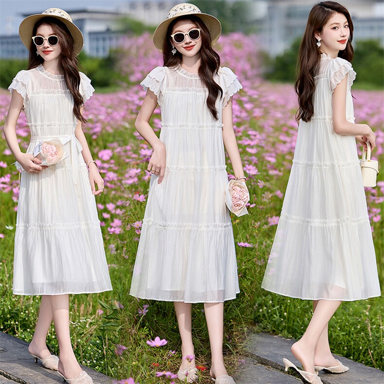 wynn256392法式木耳边飞飞袖连衣裙女甜美减龄中长裙2025夏连衣裙,女装连衣裙,丽美静依