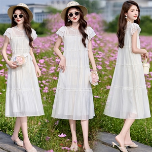 wynn256392法式木耳边飞飞袖连衣裙女甜美减龄中长裙2025夏连衣裙图片