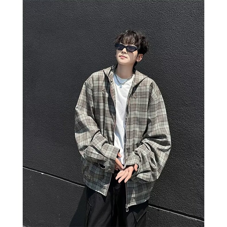 格子连帽衬衫男款初秋防晒衬衣格子双层连帽夹克图休闲外套CK2,男装防晒衣,星座1116A-1（原606A）