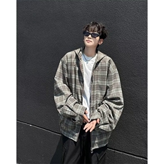 格子连帽衬衫男款初秋防晒衬衣格子双层连帽夹克图休闲外套CK2，男装防晒衣，星座1116A-1（原606A）