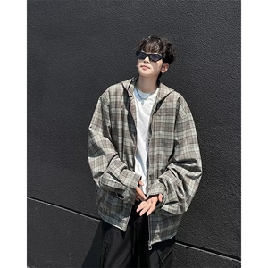 格子连帽衬衫男款初秋防晒衬衣格子双层连帽夹克图休闲外套 CK2图片