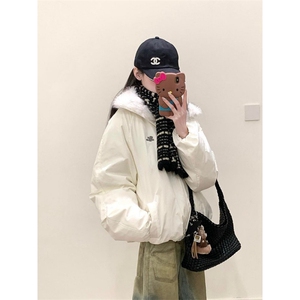 1506-1/M78871/P92韩版时尚连帽毛毛拼接棉服男女防寒百搭宽松棉图片