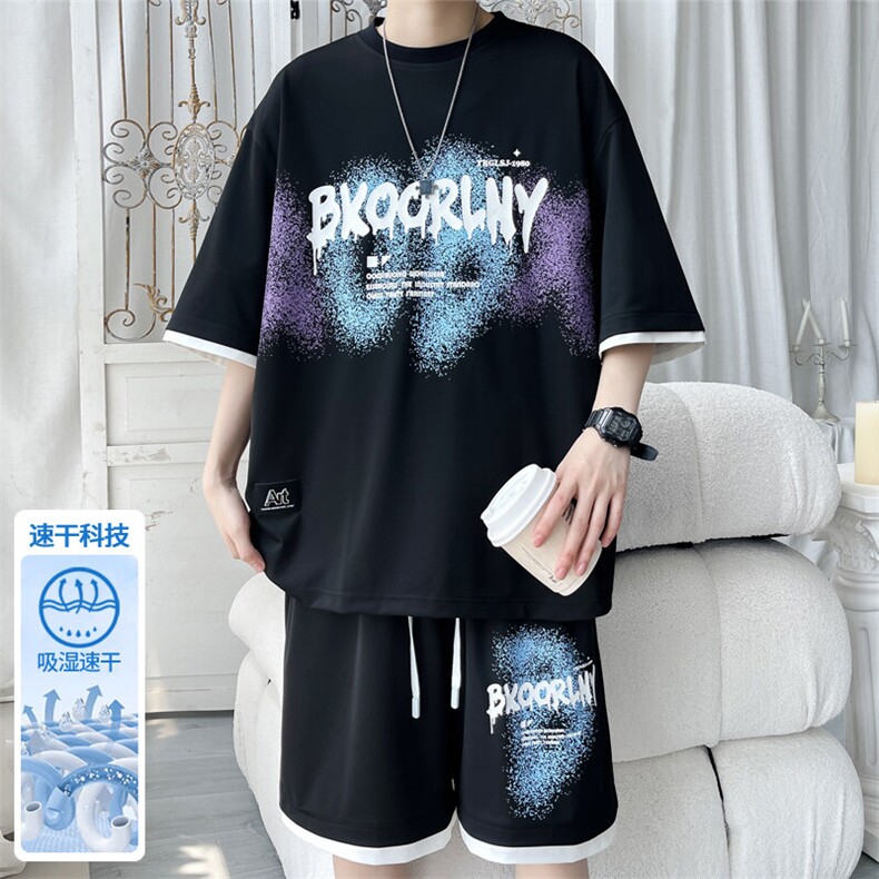 2025夏季新款旋律风车大码冰丝印花短袖套装M-5XHQ25579-特P50，男装休闲套装，电商A022