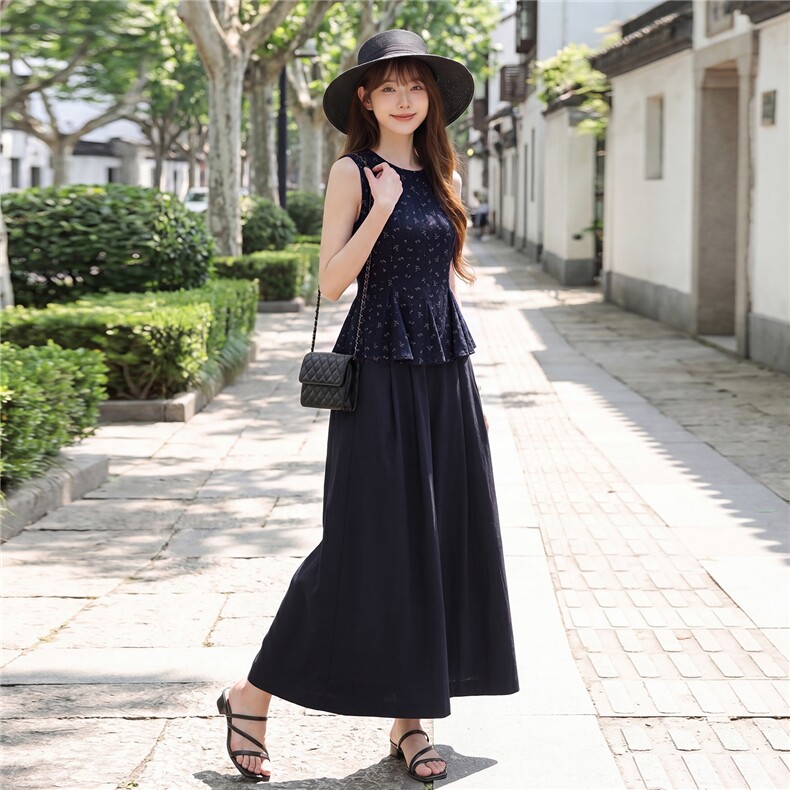 时尚无裙圆领小清新碎花小衫阔腿裤两件套气质优雅套装女,女装套装/套裙,水衣源