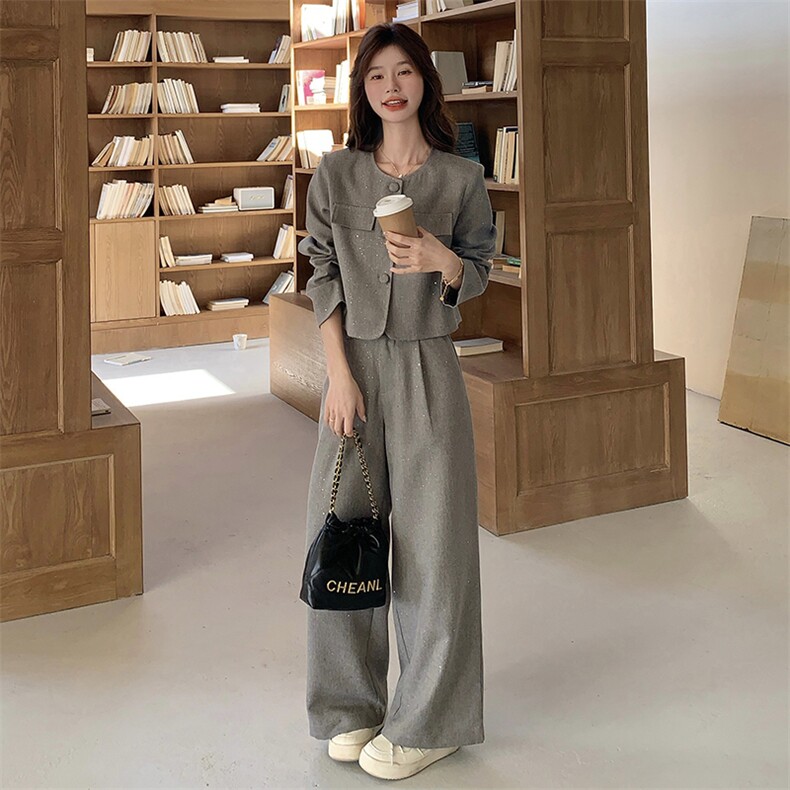 灰色时尚套装女春季2025新款高级感小香风短外套阔腿裤气质两件套，女装套装/套裙，浙宝069