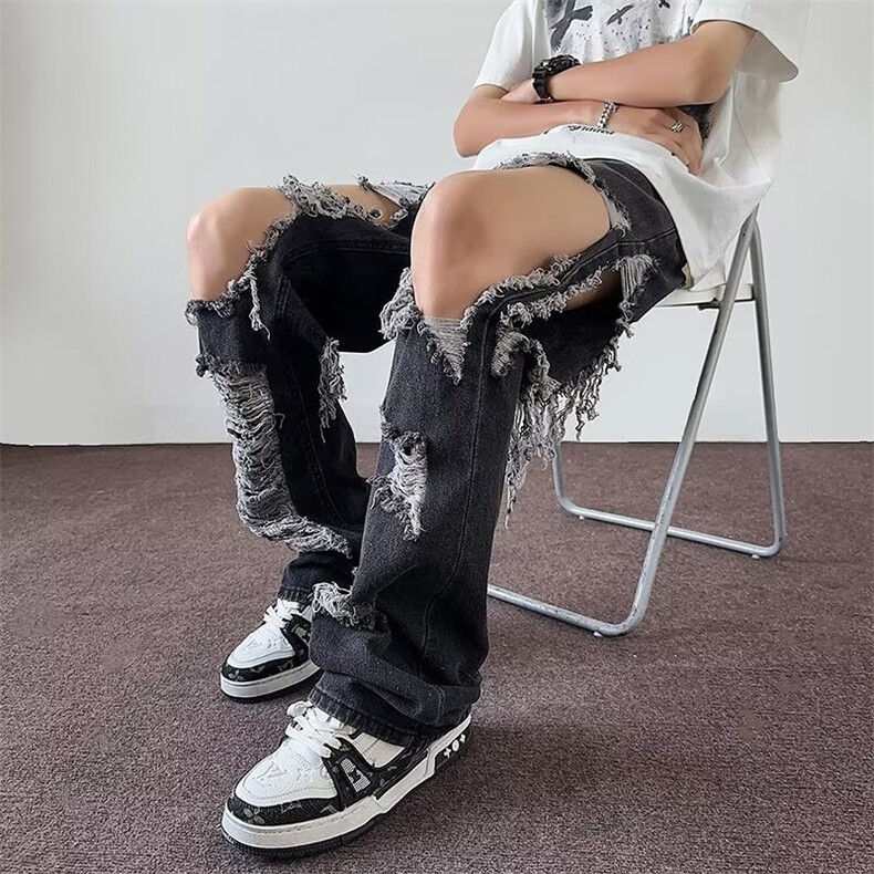 美式街头破洞牛仔裤男宽松欧美高街vibe风长裤子N08231-P45,男装牛仔裤,星座308B-2