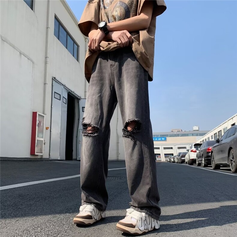 2023港风文艺破洞牛仔裤男春秋宽松潮流直筒长裤,男装牛仔裤,星座716-4