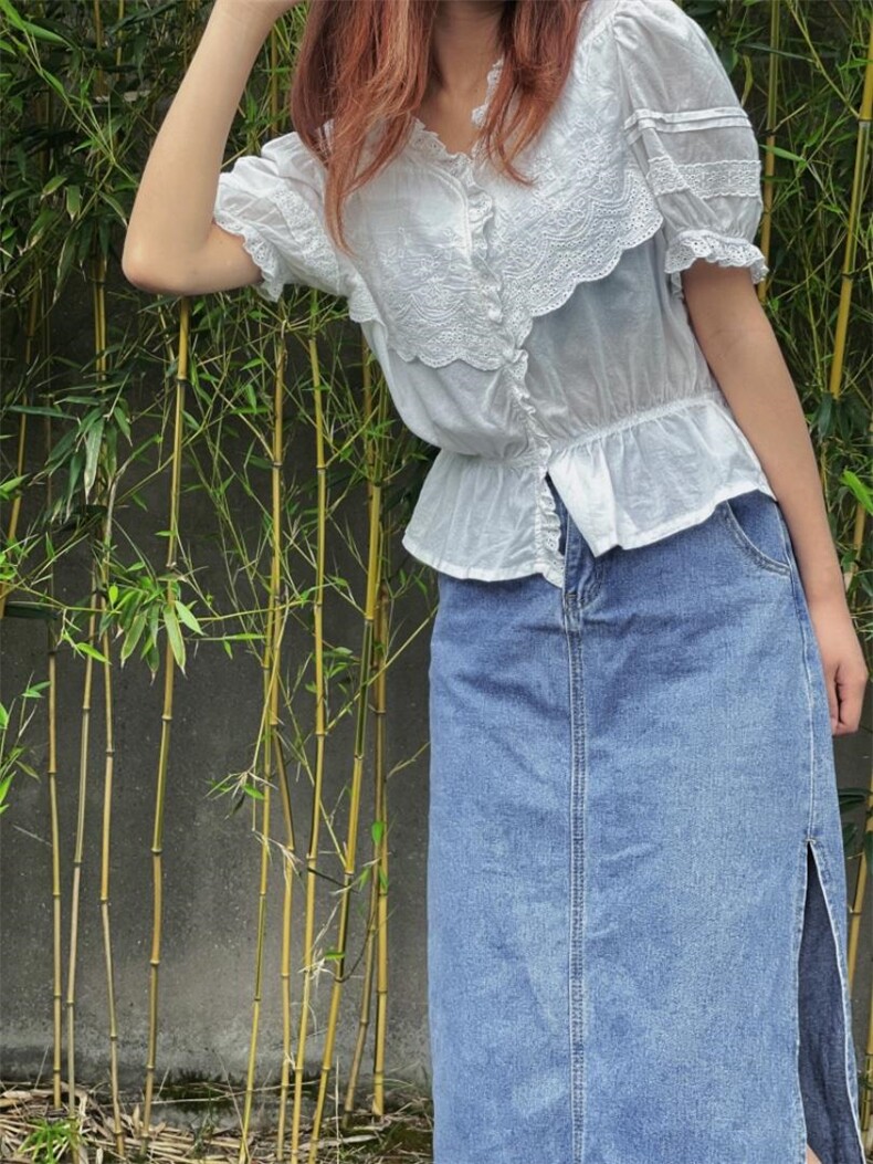 现货夏季新款手工绣衬衫，女装衬衫，木可可木R