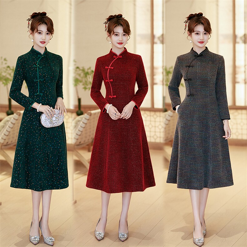 新中式风立领加厚针织改良版宴会礼服旗袍827P155,女装汉服/婚纱/旗袍/礼服,乐衣轩