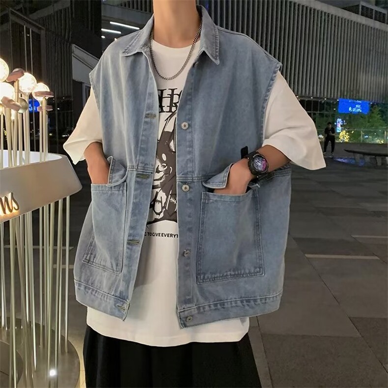 工装复古牛仔马甲男夏季ins潮牌情侣坎肩背心无袖夹克 W7200-P40图片