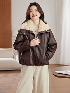 羽绒服仿羊羔毛领PU皮衣女冬保暖外套上衣大衣图片