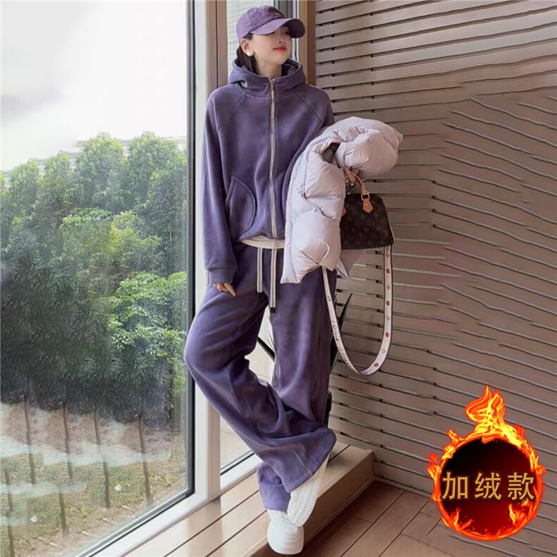 慵懒风休闲套装女秋冬新款双口袋拉链开衫连帽卫衣直筒长裤两件套,女装套装/套裙,江南
