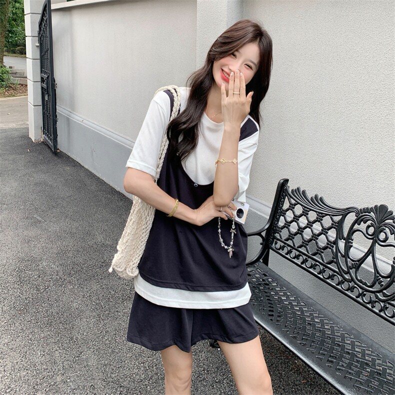 小个子运动休闲套装女2025夏季新款学院风假两件T恤短裤两件套潮,女装套装/套裙,浙宝217