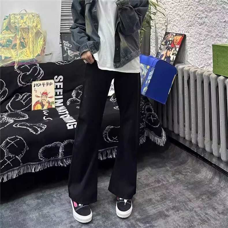 美式烫钻帆船刺绣牛仔裤男黑色休闲气质潮牌流行修身直筒微喇长裤,男装牛仔裤,四季星座505