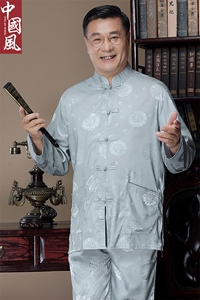 风中老年唐装男士春秋款福字长袖套装丝绸衬衫图片