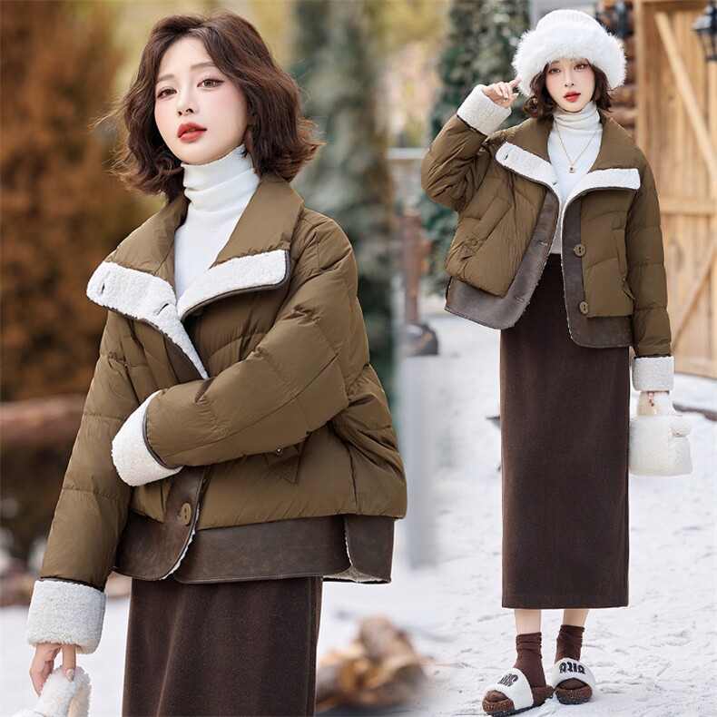 羽绒服女2024冬季新款超好看洋气休闲短款拼接羊羔毛保暖厚面包服,女装羽绒服,半夏
