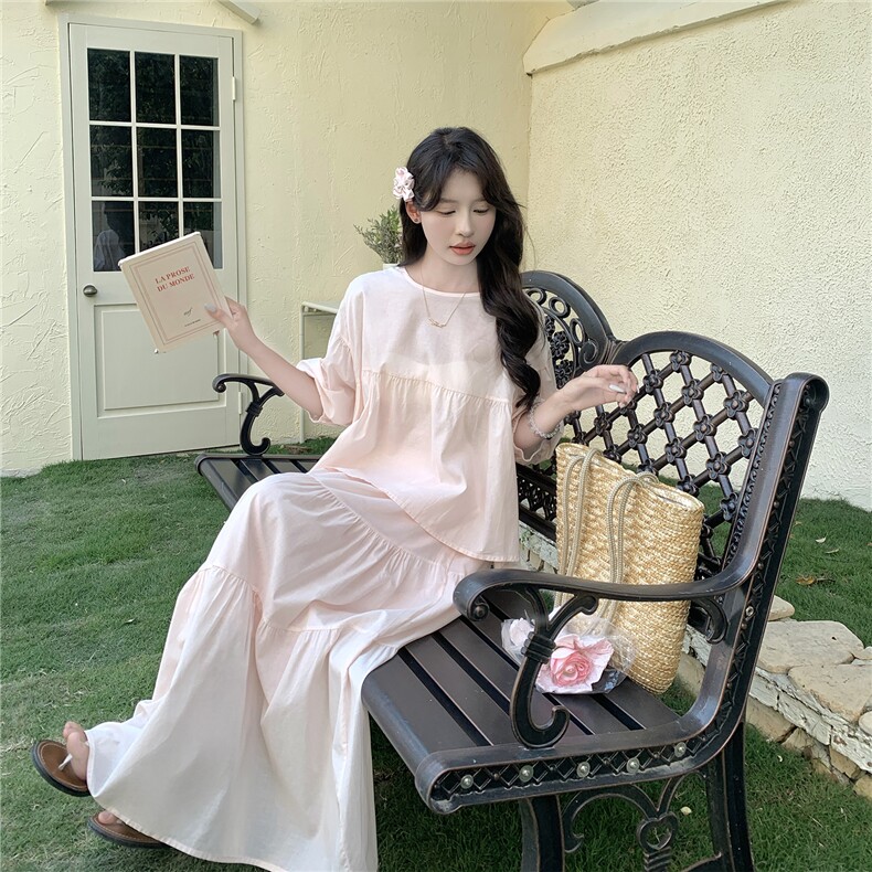 法式小资泡泡袖粉色连衣裙配上衣套装女夏超火好看绝美长裙两件套,女装套装/套裙,浙宝A馆126