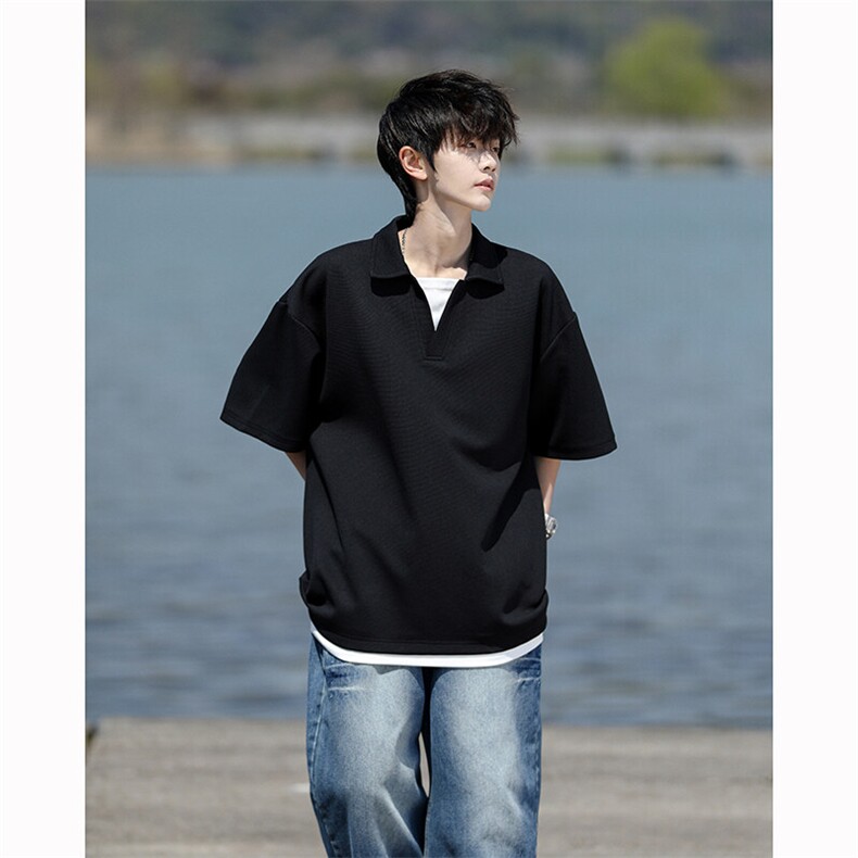 8XL-M假两件V领短袖t恤男夏翻领半袖宽松重磅华夫格大码DT001P40,男装T恤,电商B312