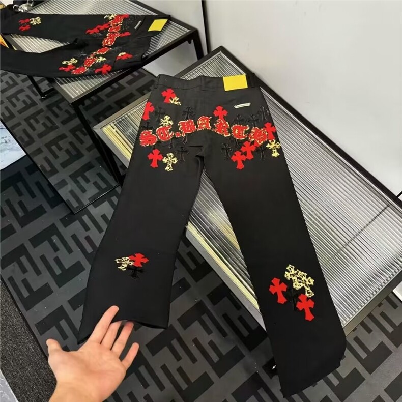 秋季新款慵懒加长彩色拼皮十字架长裤宽松阔腿牛仔裤男AMT705P75,男装皮裤,星座1013-5