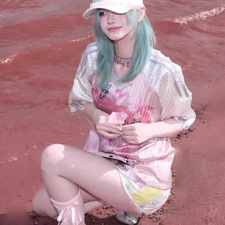 美式复古v领短袖女夏季卡通少女印花运动t恤球衣风宽松休闲上衣潮,男装T恤,星座1210-1