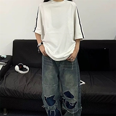 抖音得物高品质二开240克宽松纯棉美式潮牌三条杠织带短袖T恤，男装T恤，电商A486