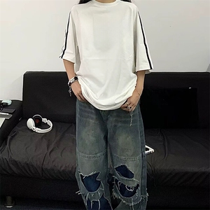 抖音得物高品质二开240克宽松纯棉美式潮牌三条杠织带短袖T恤图片