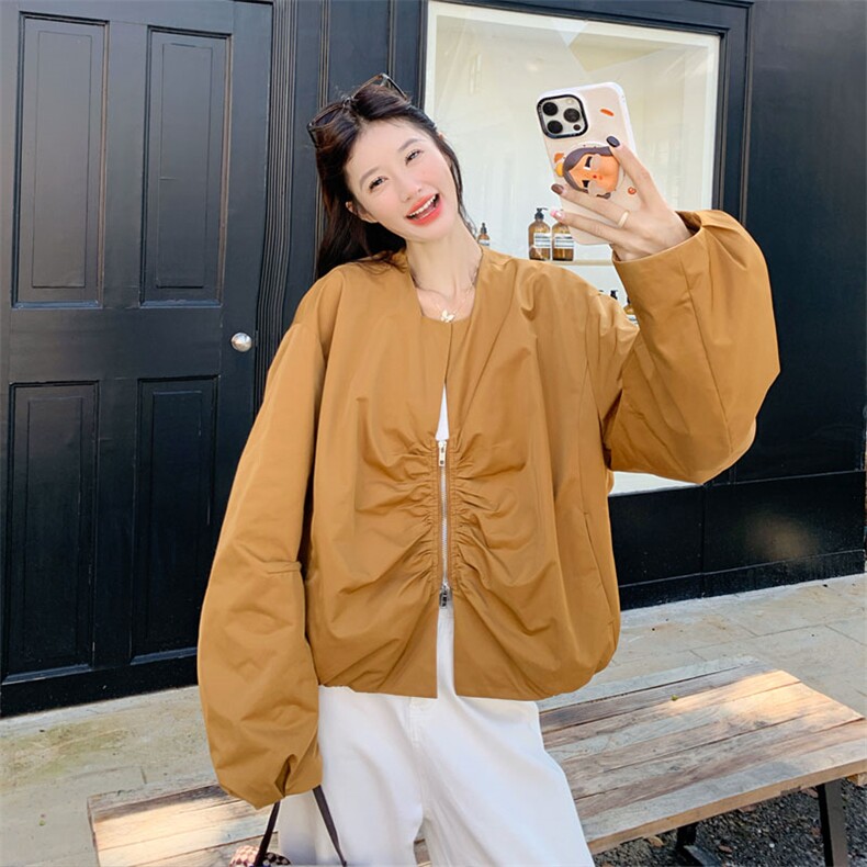 韩版休闲南瓜色褶皱短外套女春秋2025新款小个子夹克上衣流行爆款,女装短外套,2D143