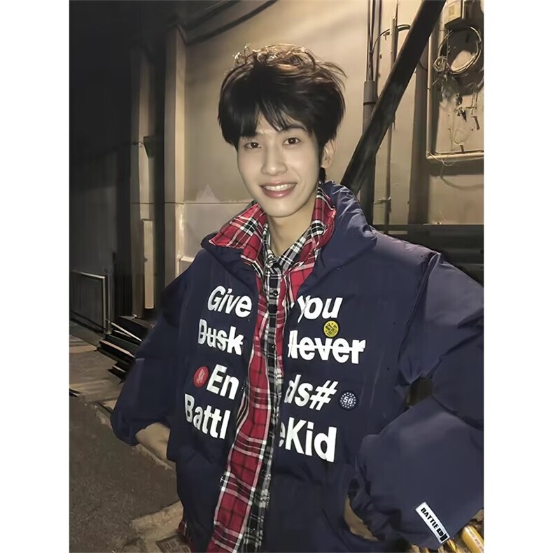 潮牌美式假两件格子棉服外套男女冬季情侣徽章保暖棉衣LW2100-P70,男装棉衣,星座1008