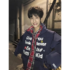 潮牌美式假两件格子棉服外套男女冬季情侣徽章保暖棉衣LW2100-P70，男装棉衣，星座1008