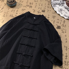 现货主推棉麻衬衫唐装一字扣短袖T中风半袖男上衣CS08-P55，男装衬衫，星座217-5