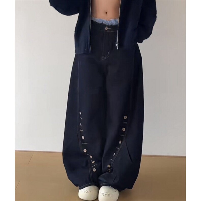 美式小众多排扣眼原色弯刀牛仔裤解构垂感阔腿裤男女B7618,男装牛仔裤,星座601-2