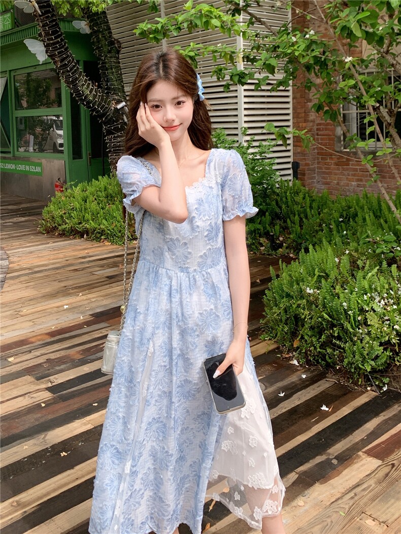 法式蓝色花朵短袖连衣裙女夏季新款方领收腰长裙甜美建立气质裙子,女装连衣裙,艾米莉亚
