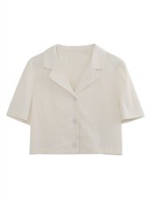 休闲短袖衬衫女夏复古墨绿色上衣v领衬衣小众港风设计感，女装衬衫，潮品会