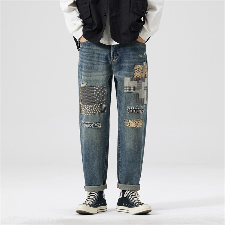 B230档2025秋冬新款美式潮流撞色拼接宽松直筒牛仔裤男9797P100，男装牛仔裤，电商B230